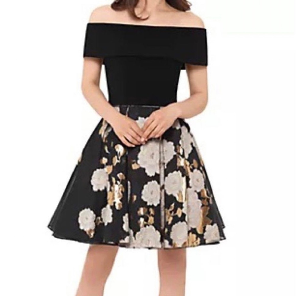 Betsy & Adam Off the Shoulder Floral Metallic Flare Skirted Dress Size 8 Midi